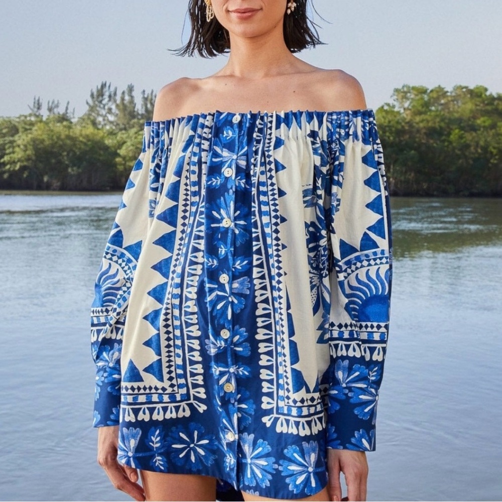 Farm Rio Off-the-Shoulder Printed Cotton-Poplin Top Floral M Blue and White